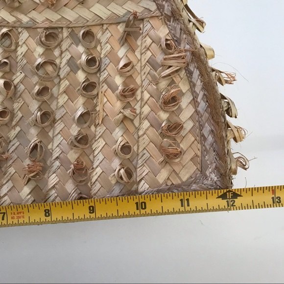 Handmade Woven Straw Bag Floral Lining Bamboo Look Handles Satchel - Picture 7 of 12